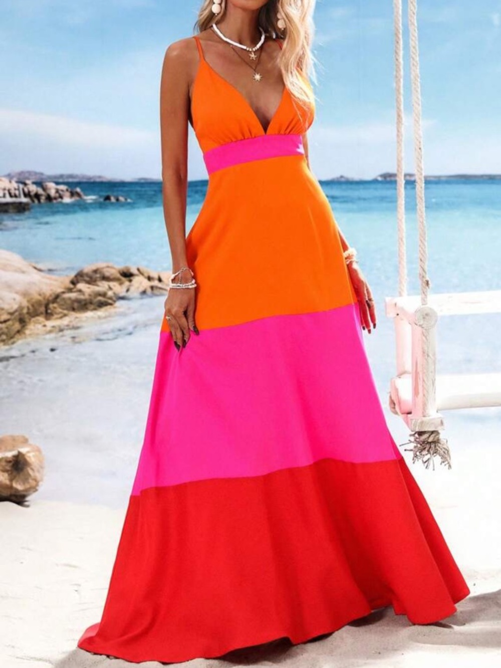 SHEIN Orange, Pink & Red Colorblock Spaghetti Strap Maxi Dress